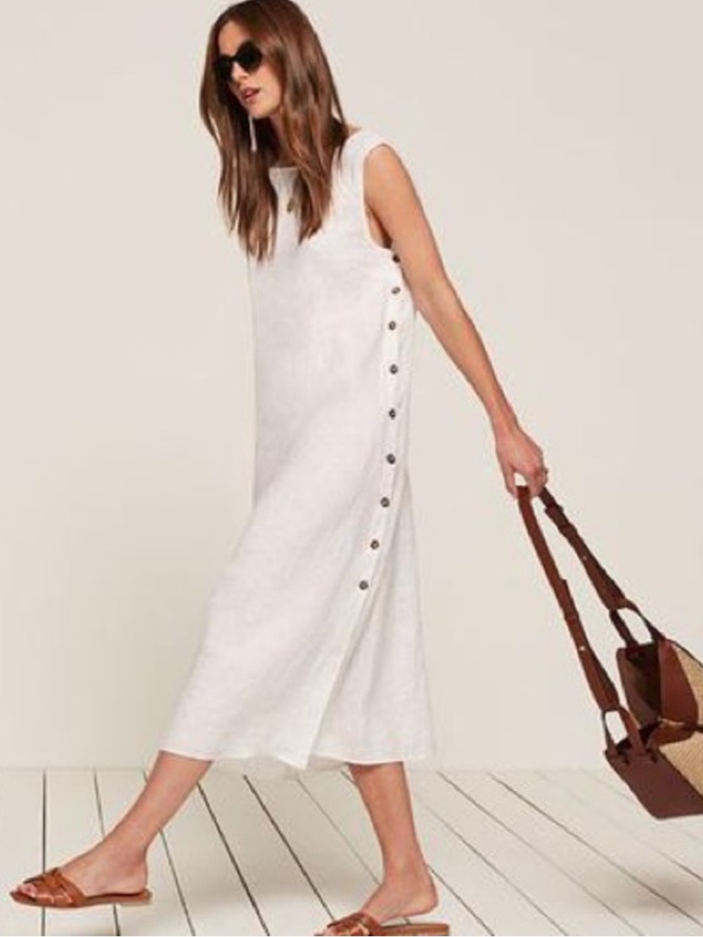 Reformation White Linen Russo Dress Button Side Midi